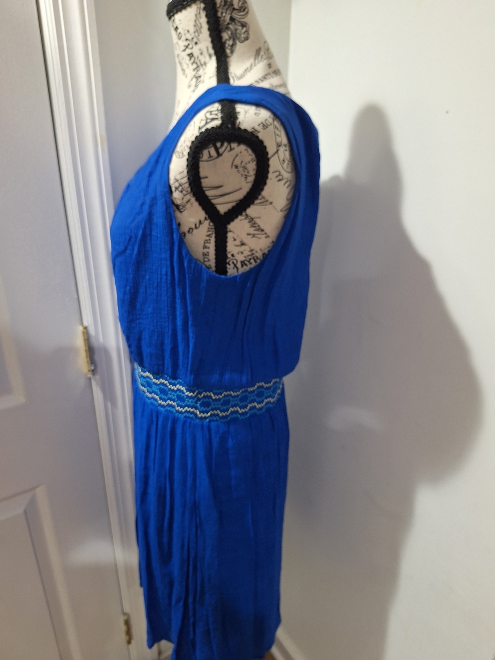 Blue Midi Dress with Embroidered Waist